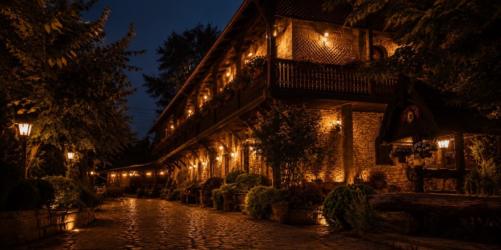 Curtea Domnească noaptea — aleea pietruită și balcoanele luminate